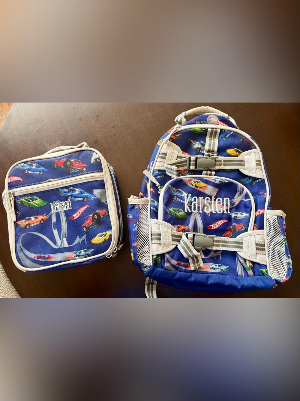 VGUC Pottery Barn Kids Hot Wheels Grey Blue Mackenzie Small Backpack & Lunchbox